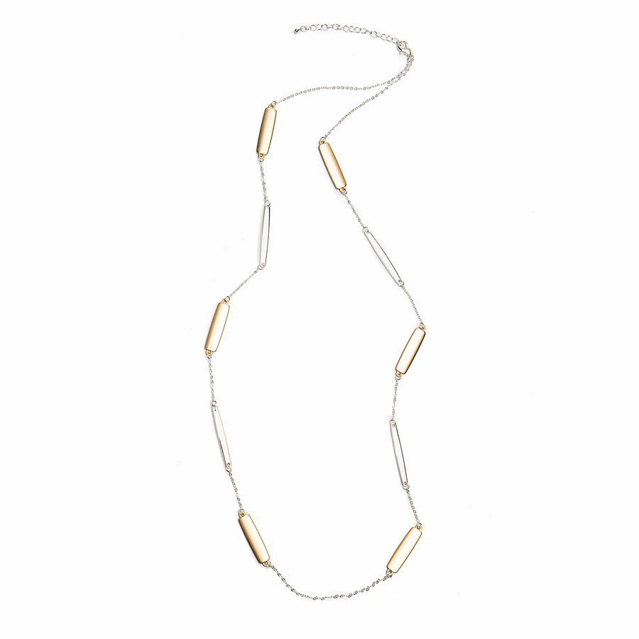 A long necklace chain with alternating gold and silver rectangular stations.