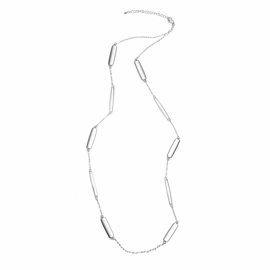 A long necklace chain with silver rectangular stations.