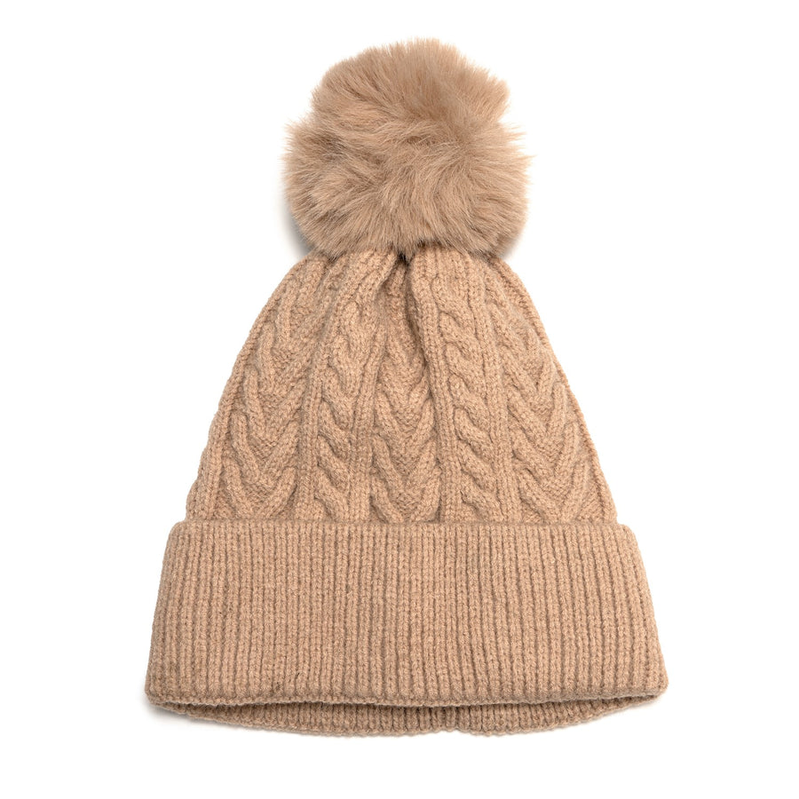 Tan cable knit beanie with matching faux fur pompom.