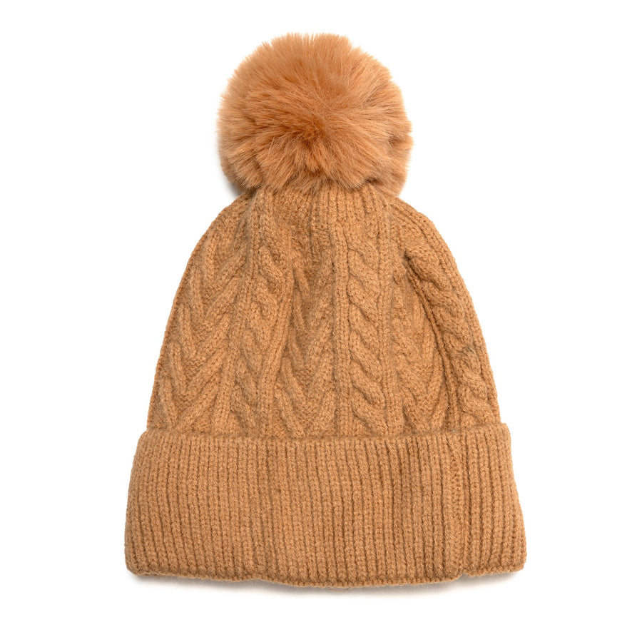 Caramel cable knit beanie with matching faux fur pompom.