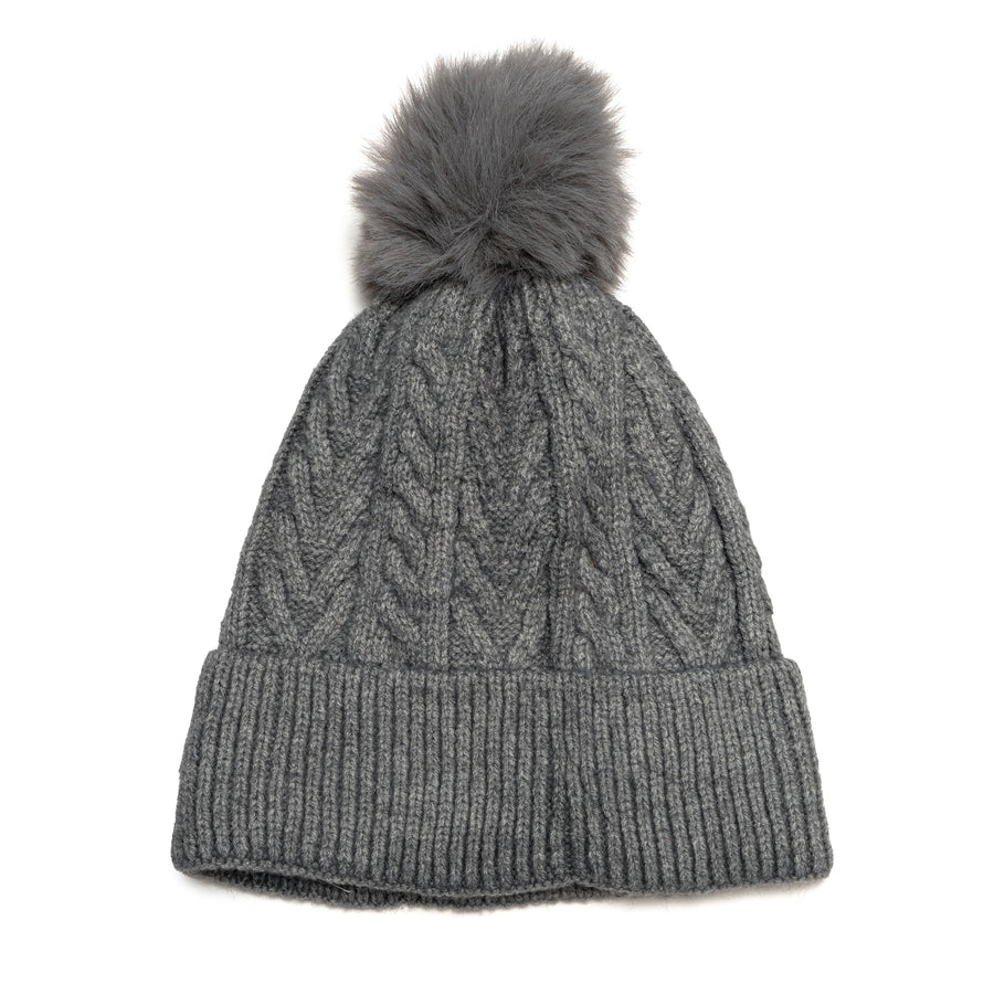 Grey cable knit beanie with matching faux fur pompom.