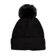 A black knit hat with black faux fur pompom.