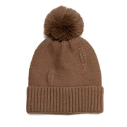 A chestnut knit hat with chestnut faux fur pompom.