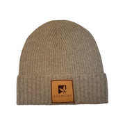 Bark cashmere beanie with square Karmony logo leather brim patch.