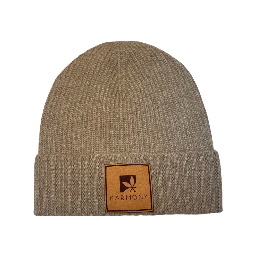 Bark cashmere beanie with square Karmony logo leather brim patch.