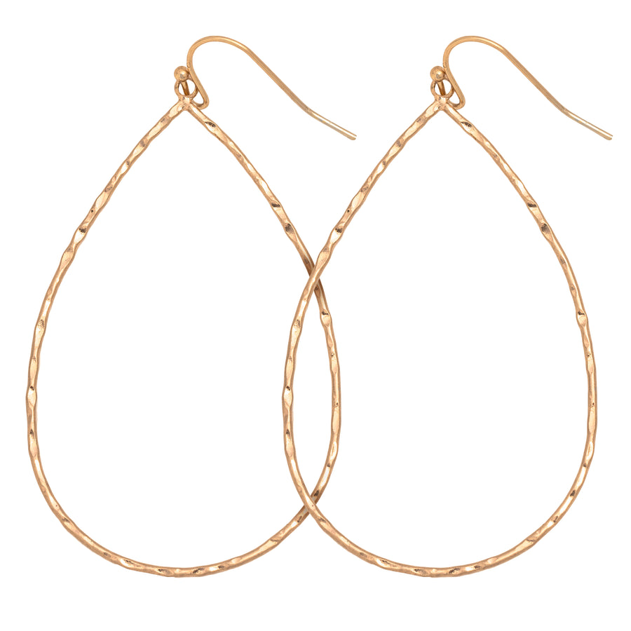 Minimalist and delicate matte finish open gold hammered Teardrop Earring with fish hook back on white background