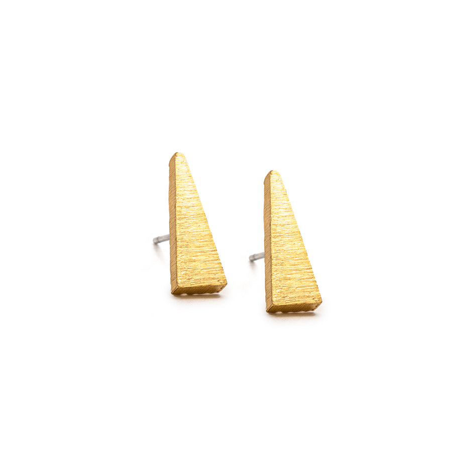 Brushed textured matte gold wedge shaped Triangle Post Earring with stud back on white background
