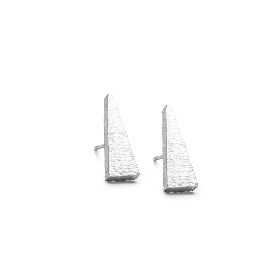 Brushed textured matte silver wedge shaped Triangle Post Earring with stud back on white background