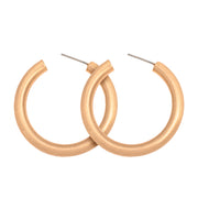 Medium sized matte gold rounded Satin Hoop Earring with stud back on white background