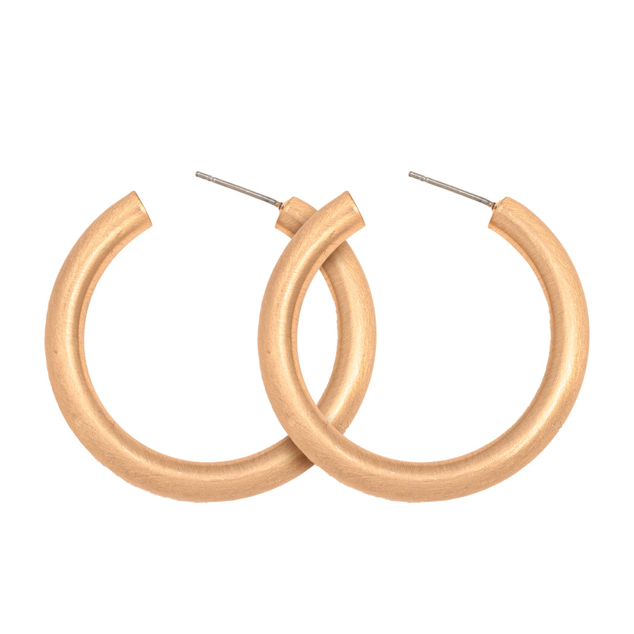 Medium sized matte gold rounded Satin Hoop Earring with stud back on white background