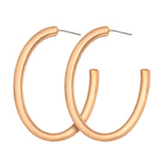Medium sized matte gold oval shaped Satin Hoop Earring with stud back on white background