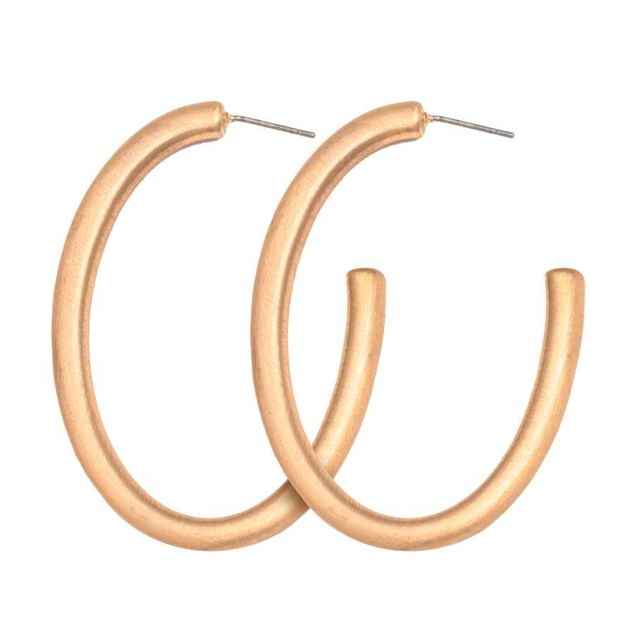 Medium sized matte gold oval shaped Satin Hoop Earring with stud back on white background