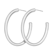 Medium sized matte silver oval shaped Satin Hoop Earring with stud back on white background