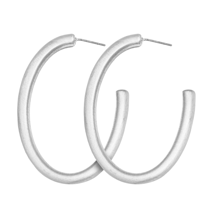 Medium sized matte silver oval shaped Satin Hoop Earring with stud back on white background