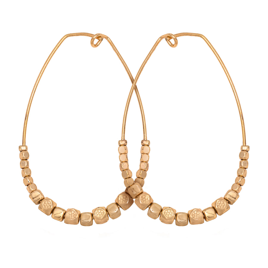 Matte gold oval shaped Teardrop Nugget Earrings with tapered asymmetrical gold nuggets lining lower portion of the earring on white background