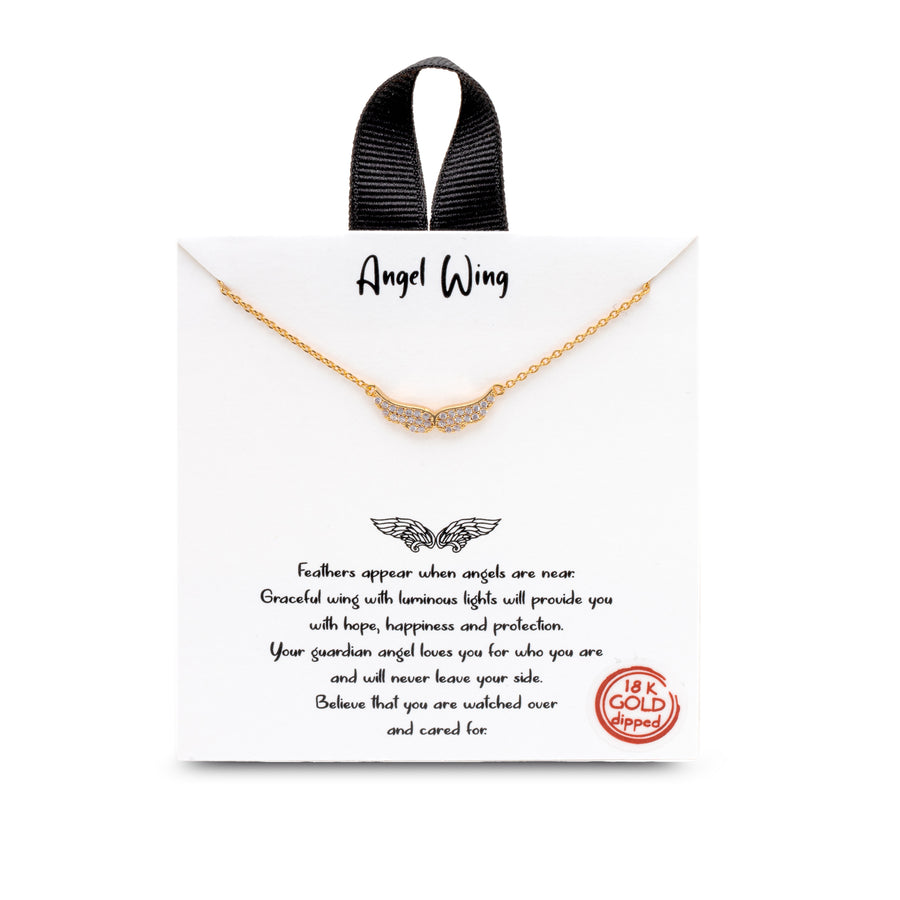 A gold necklace of a pair of angel wings with pavé rhinestones. The necklace is on a card with text.