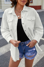 A white denim shirt jacket with a raw hem.