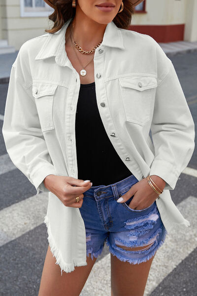 A white denim shirt jacket with a raw hem.