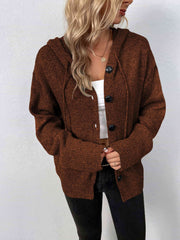A marled chestnut, knit sweater with a drawstring hood and large black buttons.