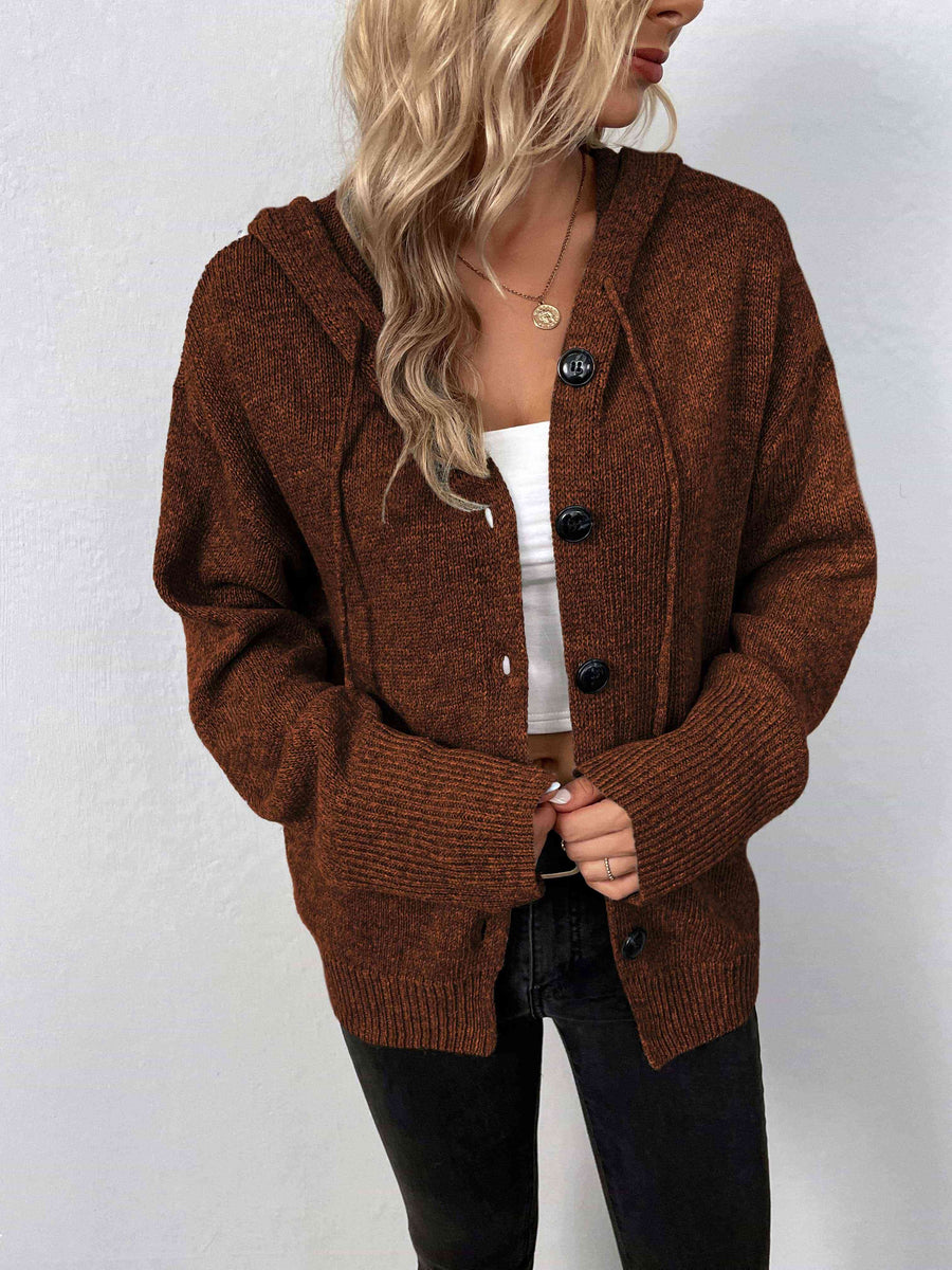 A marled chestnut, knit sweater with a drawstring hood and large black buttons.