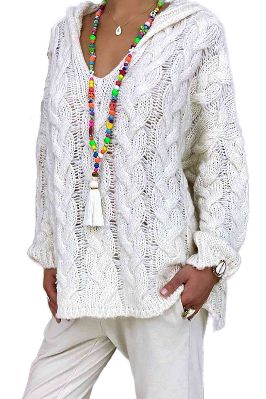 White chunky cable knit hooded sweater.