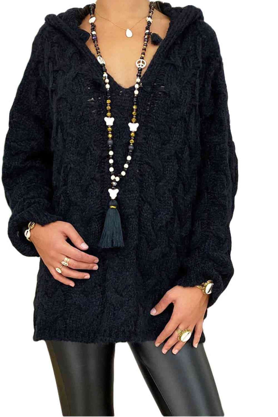 Black chunky cable knit hooded sweater.