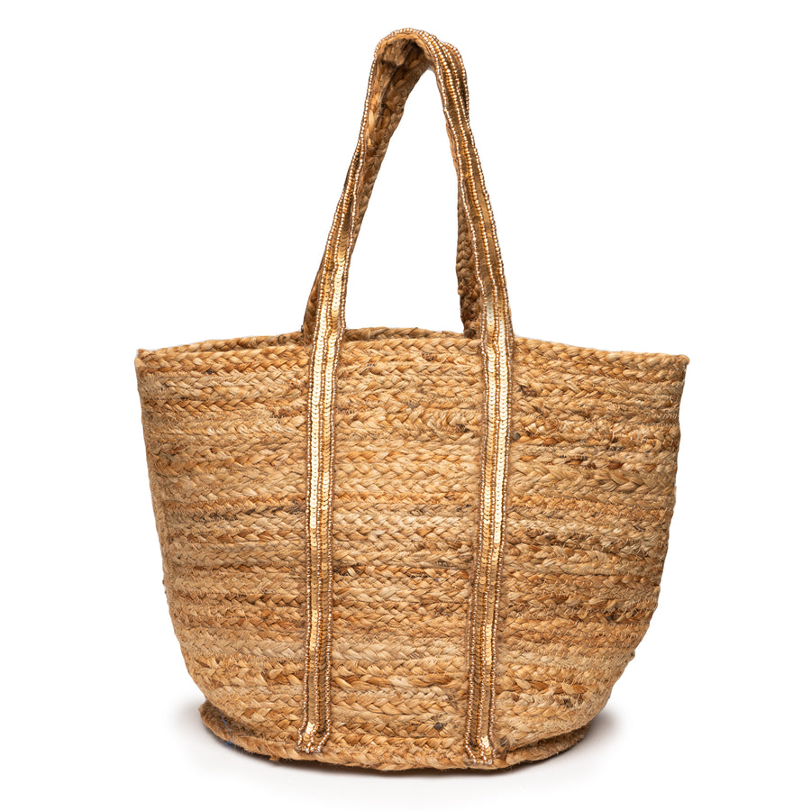 Natural Jute Tote Bag Embroidered Strap