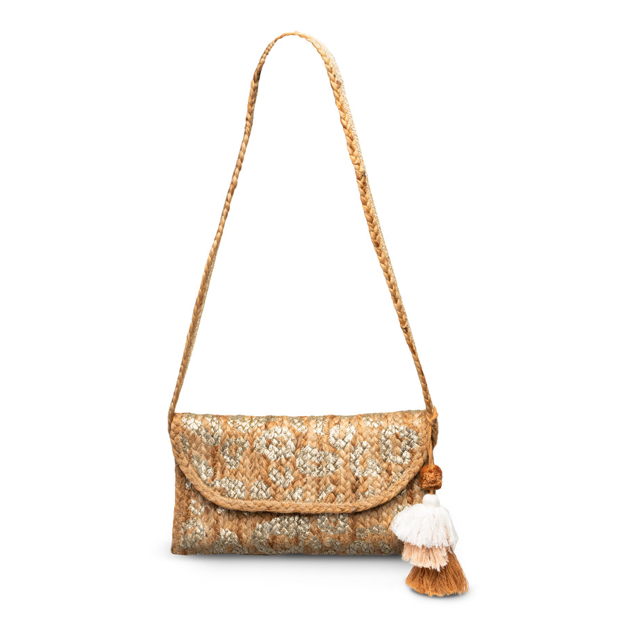 Natural Jute Printed Silver Clutch Bag
