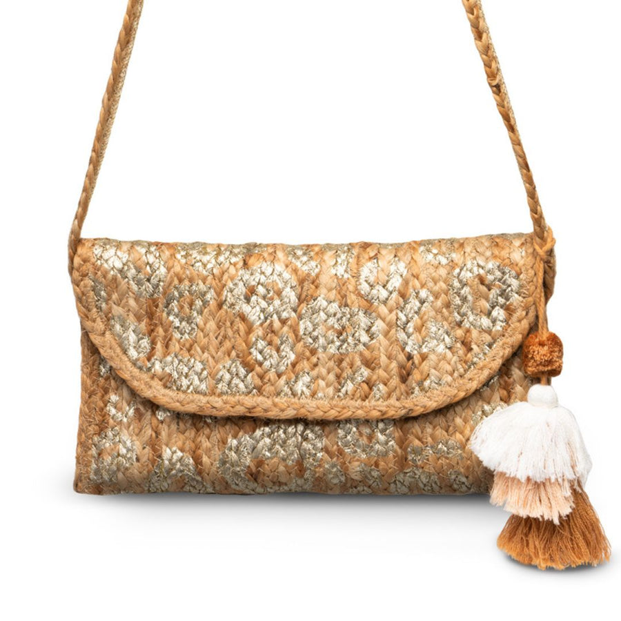 Natural Jute Printed Silver Clutch Bag