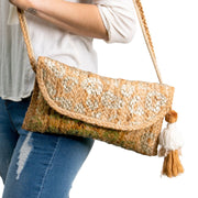 Natural Jute Printed Silver Clutch Bag