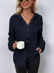 A marled navy, knit sweater with a drawstring hood and large black buttons.