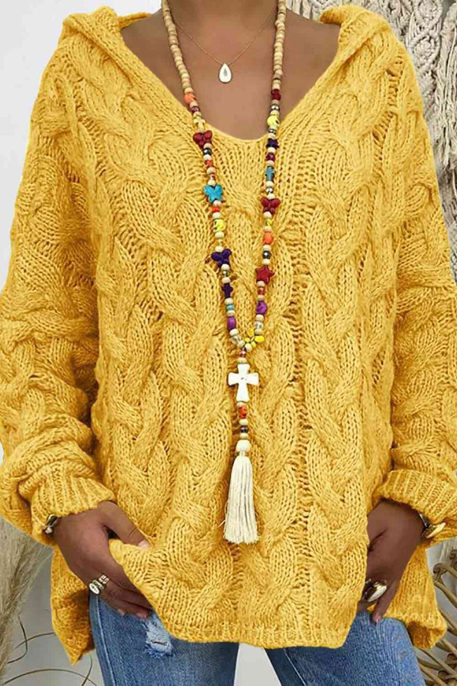 Banana yellow chunky cable knit hooded sweater.