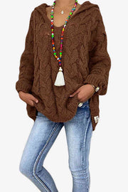 Chestnut brown, chunky cable knit hooded sweater.