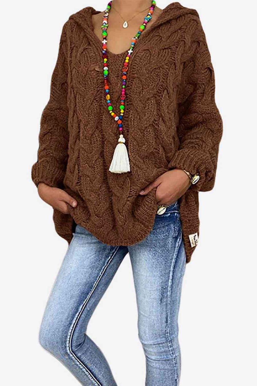 Chestnut brown, chunky cable knit hooded sweater.