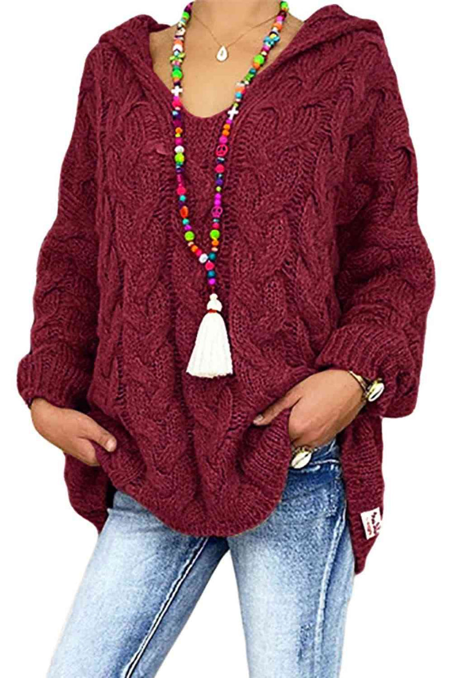 Wine red chunky cable knit hooded sweater.
