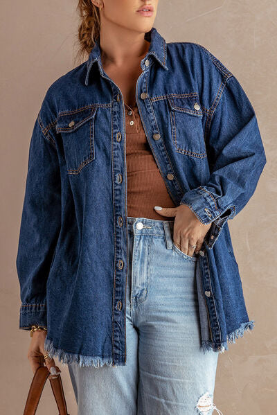 A dark blue, distressed denim shirt jacket with a raw hem.