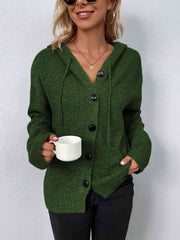 A marled hunter green, knit sweater with a drawstring hood and large black buttons.