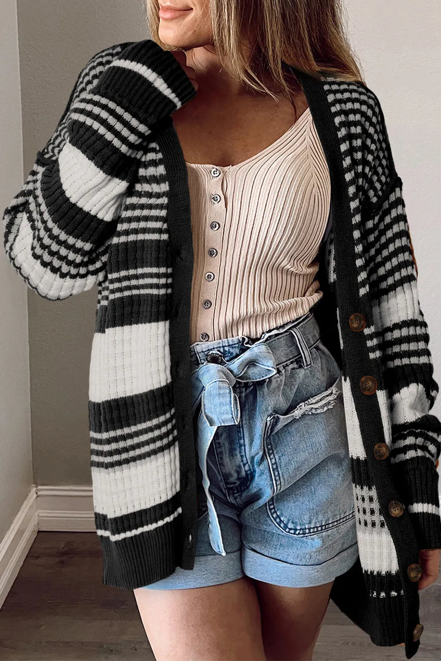 Striped Button Up Drop Shoulder Cardigan