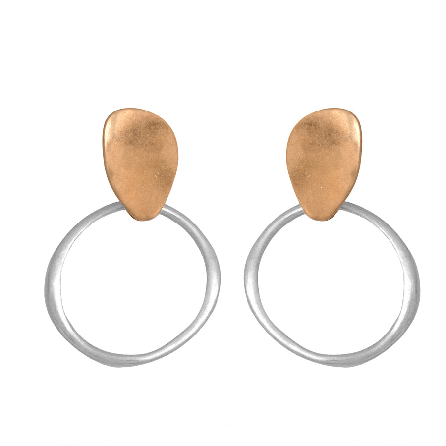 matte gold Mixed Metal Hoop Earring with pressed gold post over matte silver hoop on white background