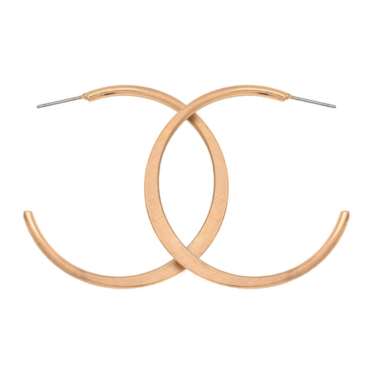 Crescent shaped Matte Gold Satin Hoop Earrings with stud back on white background