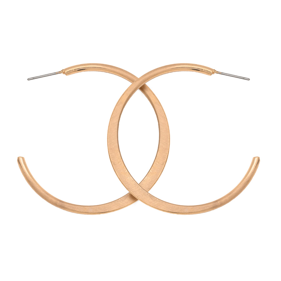 Crescent shaped Matte Gold Satin Hoop Earrings with stud back on white background
