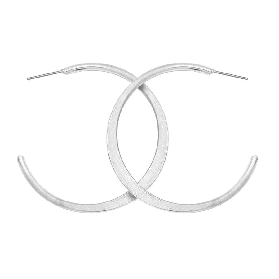 Crescent shaped Matte Silver Satin Hoop Earrings with stud back on white background