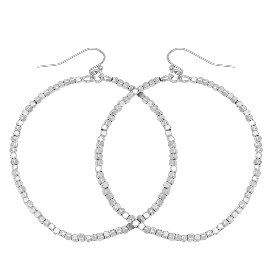 Matte Silver Beaded Nugget Hoop Earring with with fish hook back on white background 