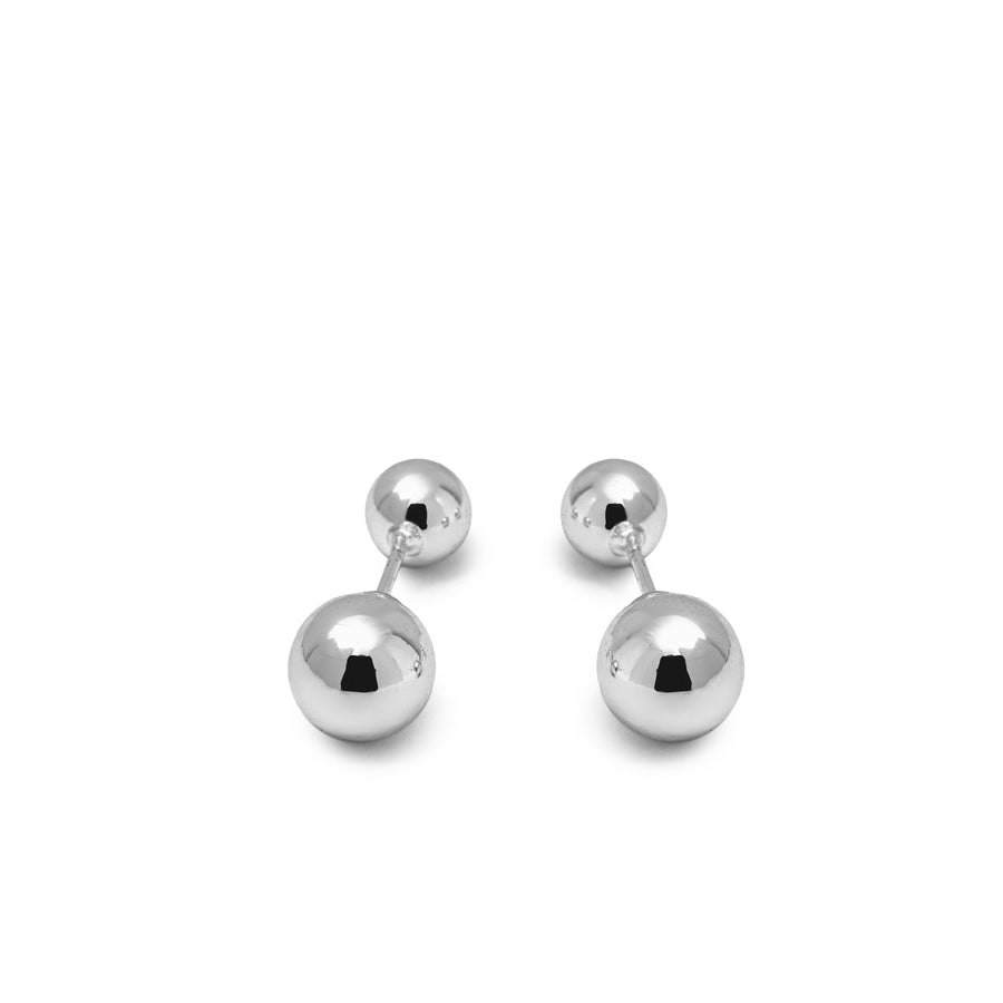 Polished silver Double Ball Post shaped stud earrings with orb backing on white background 