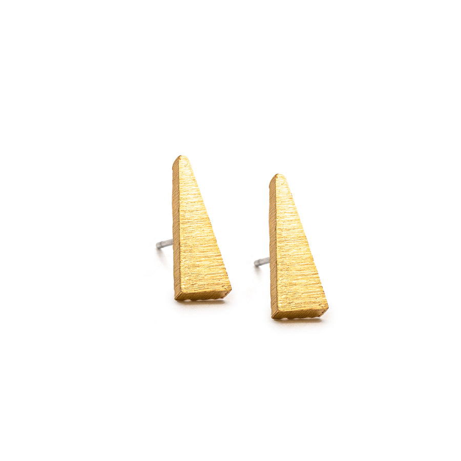 Brushed textured matte gold wedge shaped Triangle Post Earring with stud back on white background 