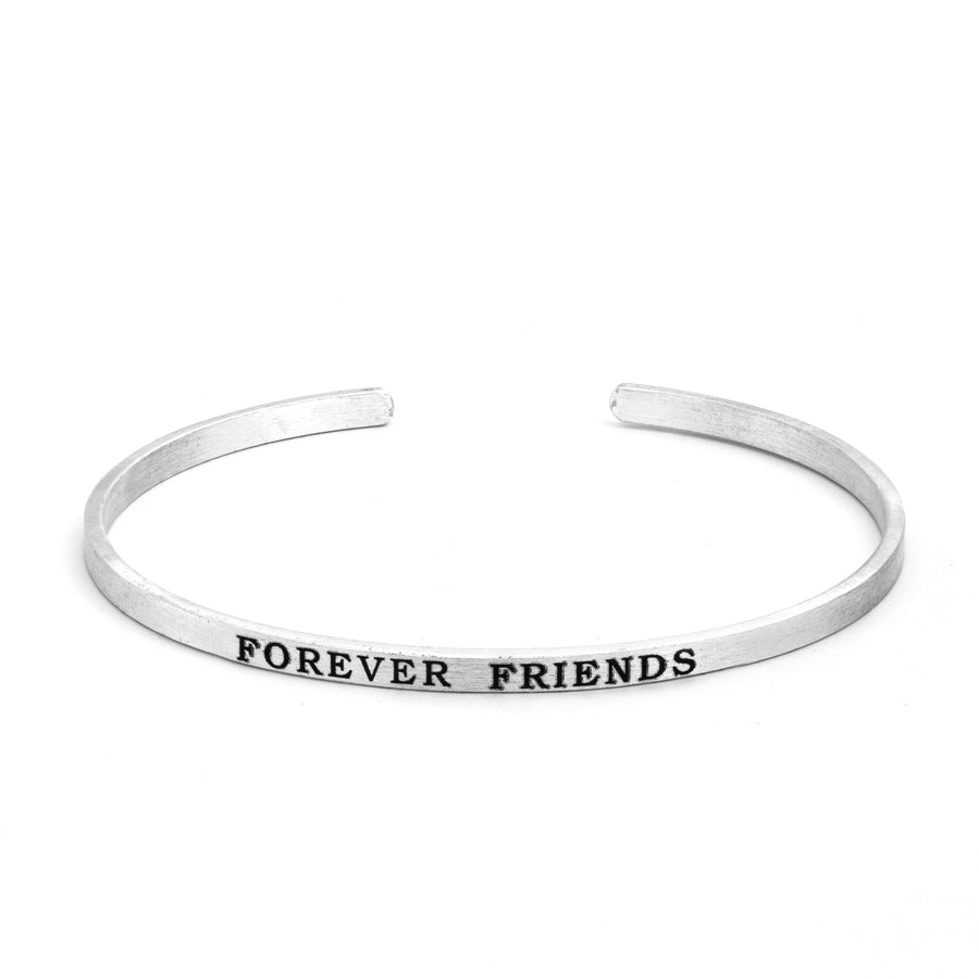 Sentimental Silver Fearless Slim Cuff Bracelet in matte silver with "forever friends" text inscribed in black lettering on white background