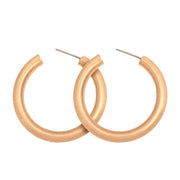 Medium sized matte gold rounded Satin Hoop Earring with stud back on white background