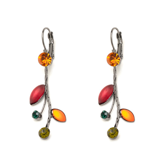 Boho Glass Flower rhinestone drop earring shaped like a vine with colorful gems on a white background.