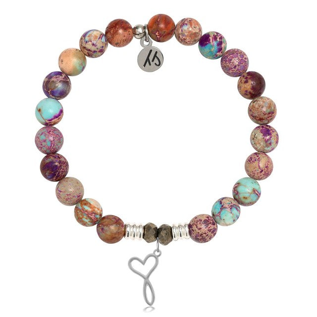 A T. Jazelle bracelet with a silver heart and infinity symbol combined charm and marbled purple-and-brown beads.