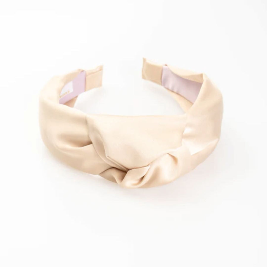 One size cream colored Satin Top Knot headband with padded ends on white background 